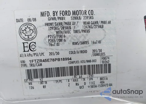 2008 Ford Ranger Fx4 Off-Road/Sport/Xlt из США, поврежденный, VIN 1FTZR45E78PB18994